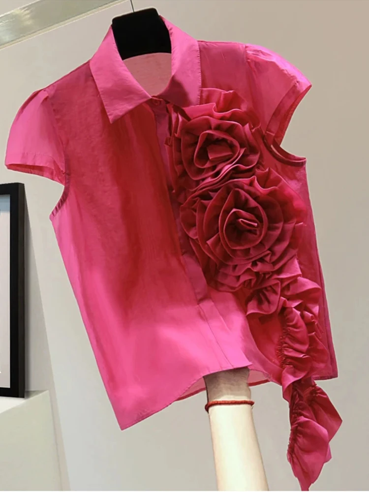 TWOTWINSTYLE Solid Elegant Spliced Appliques Shirt For Women Lapel Short Sleeve Patchwork Button Chic Blouses Female KBL507392