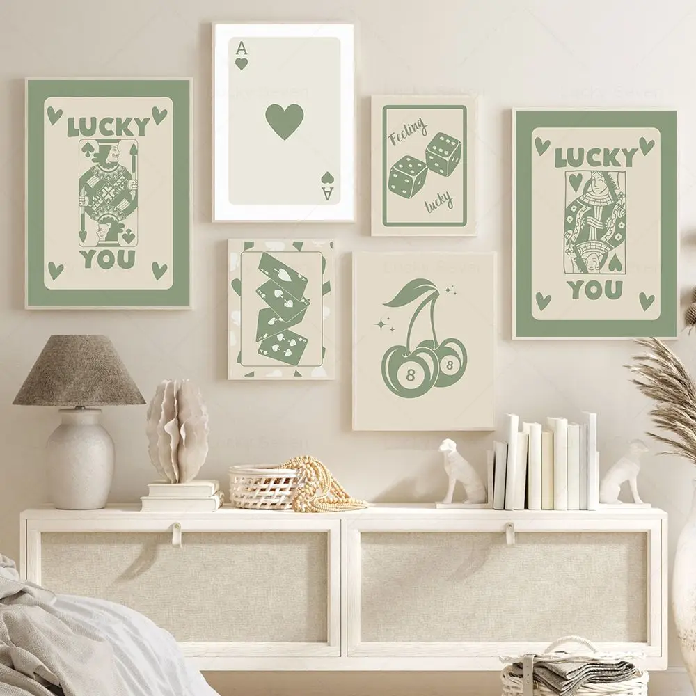 

Nordic Trendy Retro Ace Card Poker Poster Canvas Painting Wall Art Funky Green Orange Lucky You Pictures For Living Room Decor