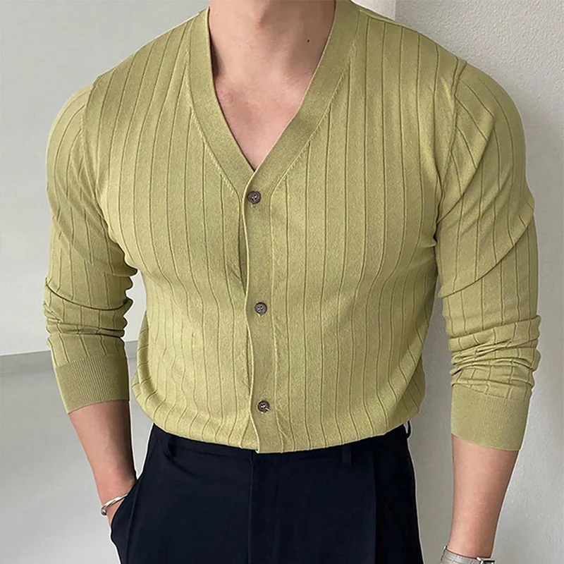 남성용 캐주얼 긴팔 니트 셔츠, V넥 골지 상의, 빈티지 순색 가디건, 단추 스트리트웨어, 가을 신상