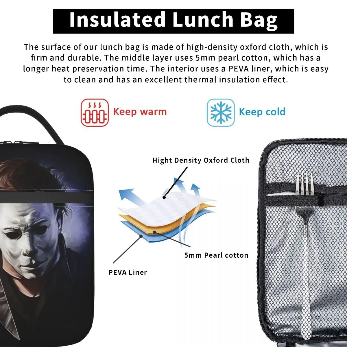 Michael Myers Knives Insulated Lunch Tote Bag for Women Halloween Film Art Resuable Thermal Cooler Food Lunch Box School Travel