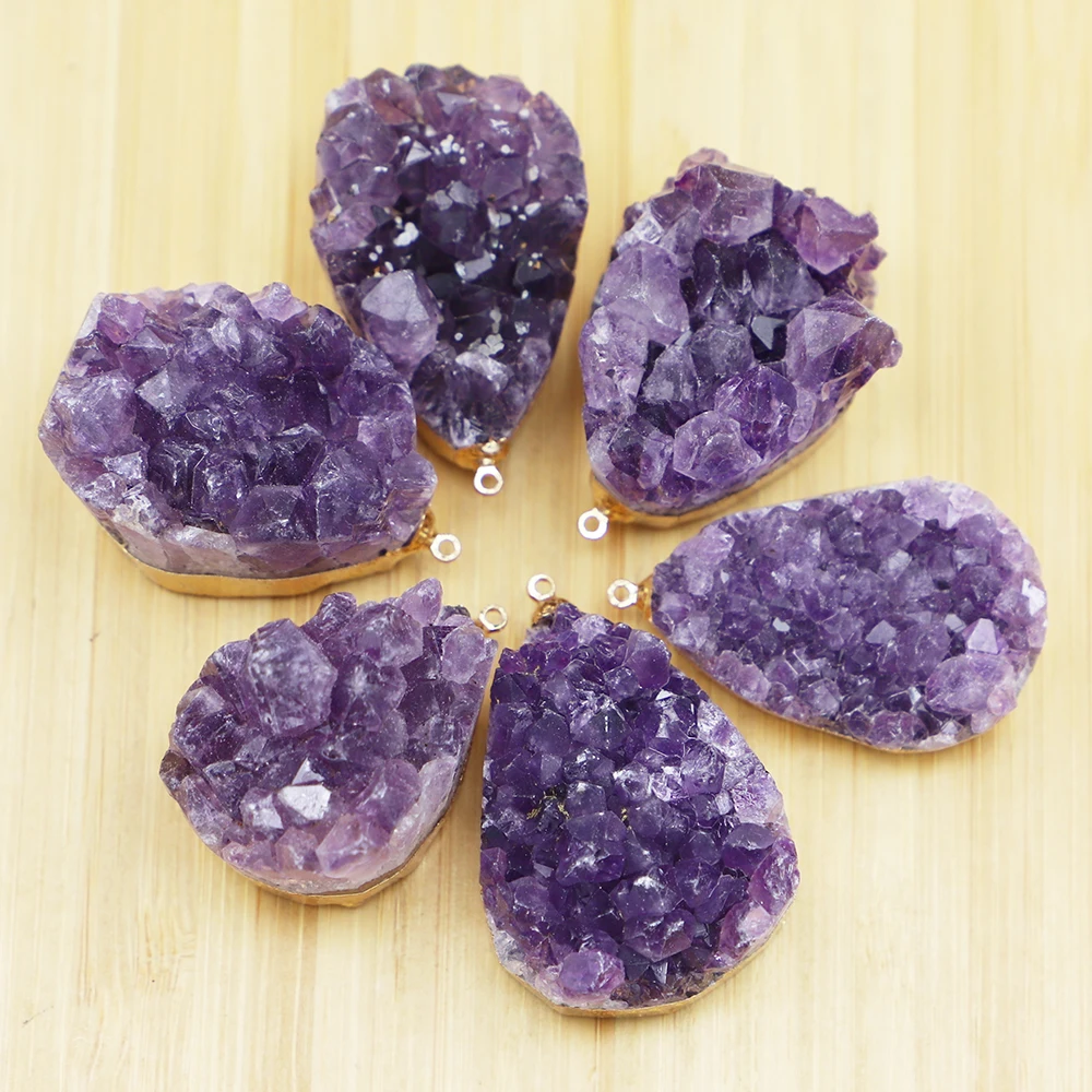 Natural Raw Stone Amethyst Pendant Water Droplets Phnom Penh Quartz Purple Crystal Cluster Healing Mineral Necklace Jewelry Gift