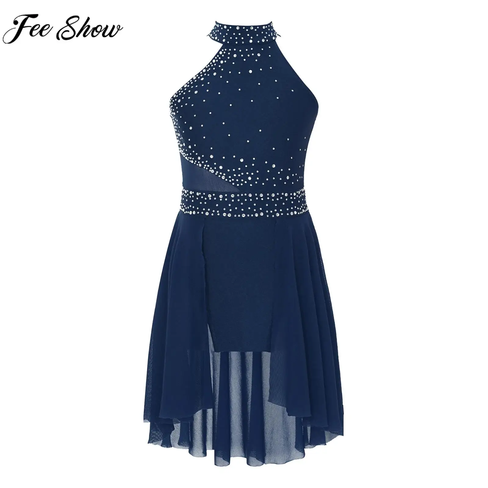 

Girls Ballet Gymnastics Leotard Lyrical Dance Figure Skating Dress Sleeveless Shiny Rhinestone Mesh Stage Performance Dancewear