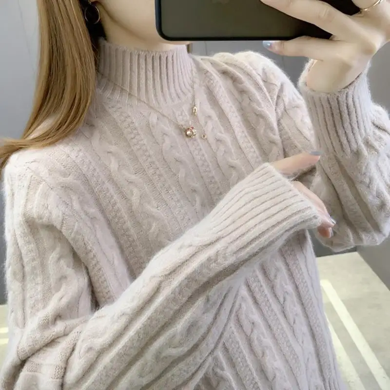 

2023 New Women's Clothing Knitted Half High Collar Long Sleeve Thick Loose Commuter Casual Solid Color Sweaters Jumpers