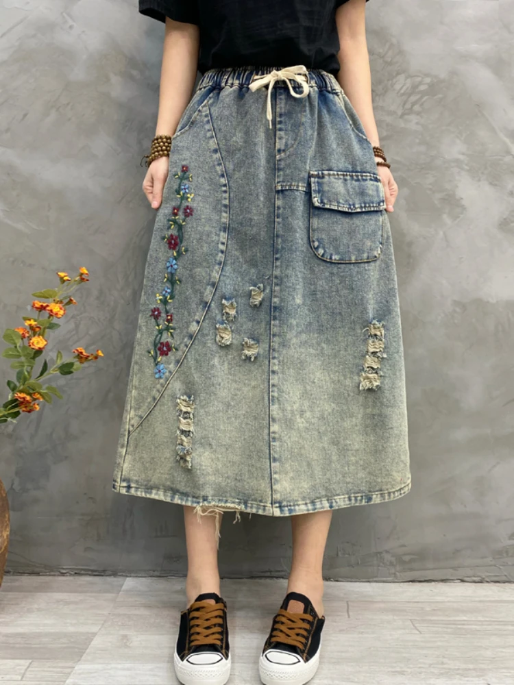 

LY VAREY LIN New Spring Summer Women Vintage Embroidery Denim Skirts Lady Fashion Elastic Waist Lace-up A-line Long Jean Skirt