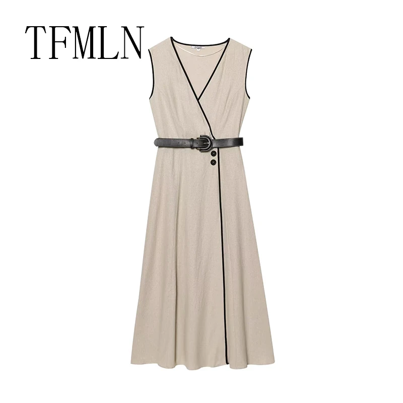 TFMLN New Fashion Women Midi Dress With Belt Spring Autumn V-Neck Sleeveless Female Chic Vintage Dresses Elegant OL Streetwear