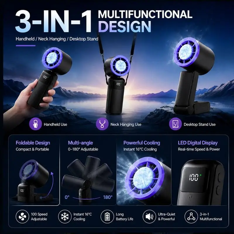 Portable High Speed Handheld 2400mAh Rechargeable 100 Wind Speeds Adjustable Mini Foldable Air Cooling Turbo Fan_voghion.com