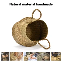 Woven Storage Basket Natural Seagrass Handmade Folding Clthoes Laundry Basket Straw Wicker Rattan Storage Flower Pot Beach Bag 5