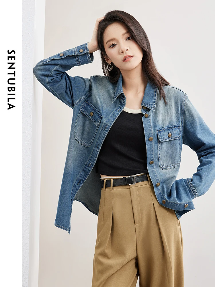 SENTUBILA Retro Polo Collar Cotton Casual Denim Shirt 2024 Spring Single Breasted Comfort Loose Jean Blouse Clothing W41C53400