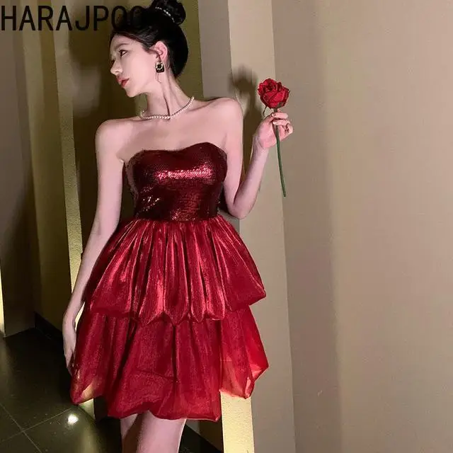 

Женское вечернее платье Harajpoo, красное потрясающее банкетное платье без бретелек, милое короткое платье из органзы с бисером и пэчворком, 2024