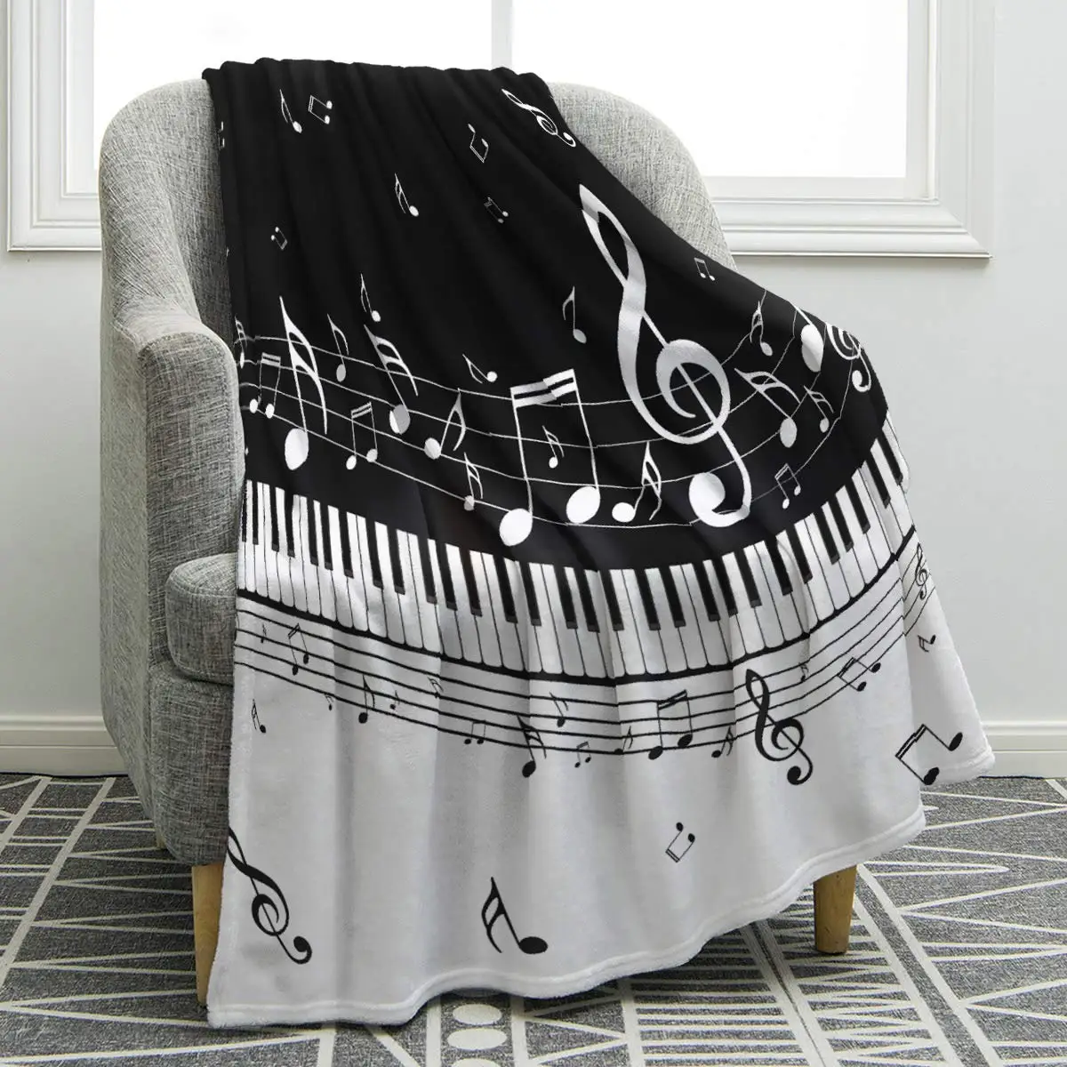 

Piano Music Note Throw Blanket Warm Fluffy Soft Black And White Fleece Blankets Flannel Bedding for Bed Sofa Cover Home Decor