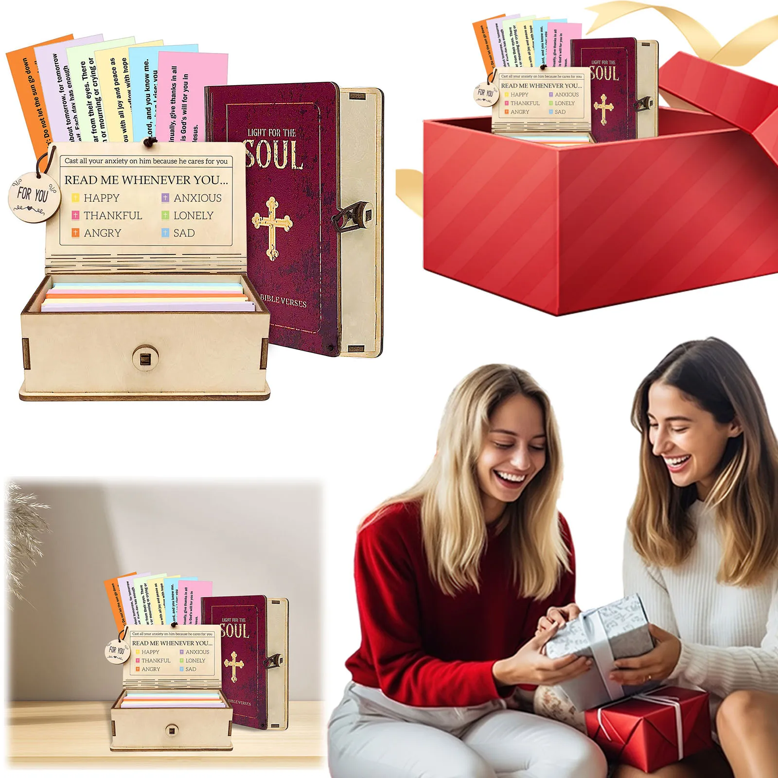 Wooden Bible Verses Box with 150 Prayer Cards Inspirational Scriptures Box Christian Bible Storage Case for Home Gathering Gift