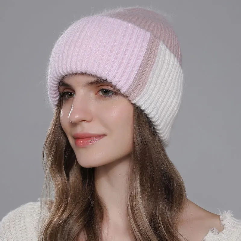 Autumn Hat For Patchwork Rabbit Fur Winter Cap Fashion Warm Knitted Beanie Hats Women Adult Cover Head Caps_voghion.com