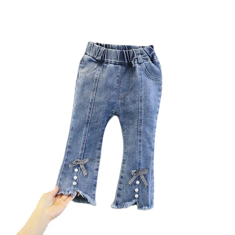 Blue Denim Kids Jeans Girls Cute Embroidered Trousers