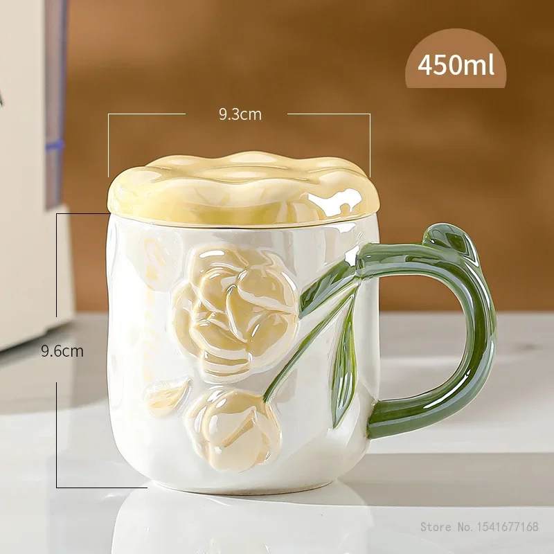 Creative Pearl Glazed Rose Three-dimensional Relief Mug With Lid, 420ML Capacity, Ceramic With Handle Milk Coffee Water Cup, 1Pc