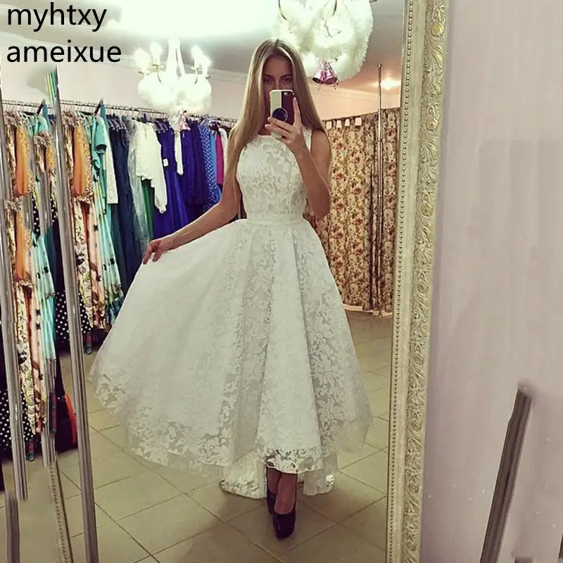 

Sexy Simple Short Wedding Dress 2023 Sleeveless Lace Scoop Ankle-length Illusion High/low Sleeveless Bride Dress Plus Size