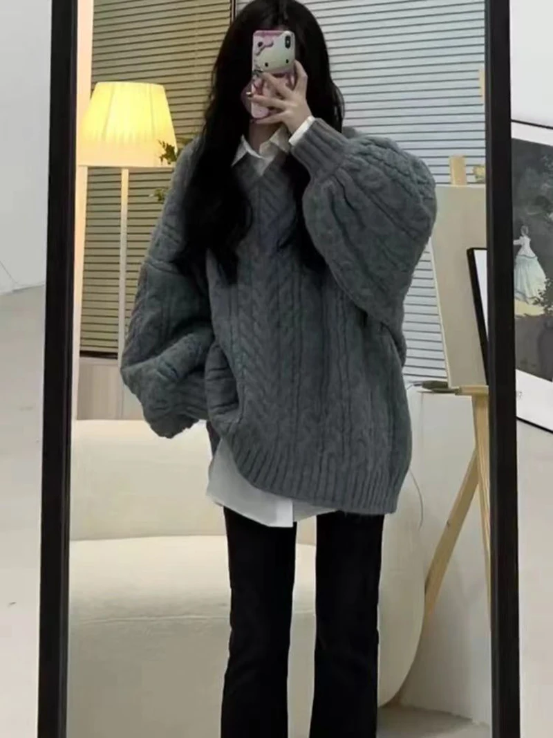 Oversized Sweater Women Fashion Preppy Pink V Neck Knitted Pullovers Harajuku Korean Long Sleeve Knitwear Winter Jumpers
