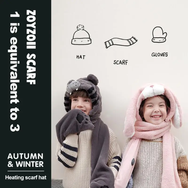 

Winter Cute Children Cartoon Scarves Balaclava Hood Beanies Double Fur Warm Boy Girl Baby Child Baby Hat Mask Streetwear Gloves