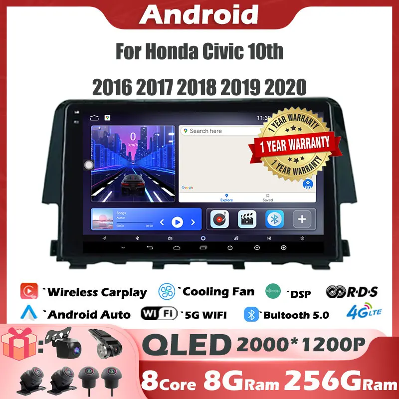 

Android 14 For Honda Civic 10th 2016 2017 2018 2019 2020 IPS/QLED Car Radio Stereo Multimedia Video Player GPS Wireless Carplay