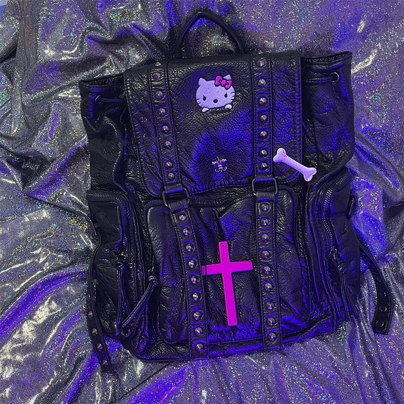 

Y2K Sanrio Backpack Homemade Original Large Capacity Cartoon Hello Kitty Embroidery Rivets Hot Girl Dark Punk Style Backpack New