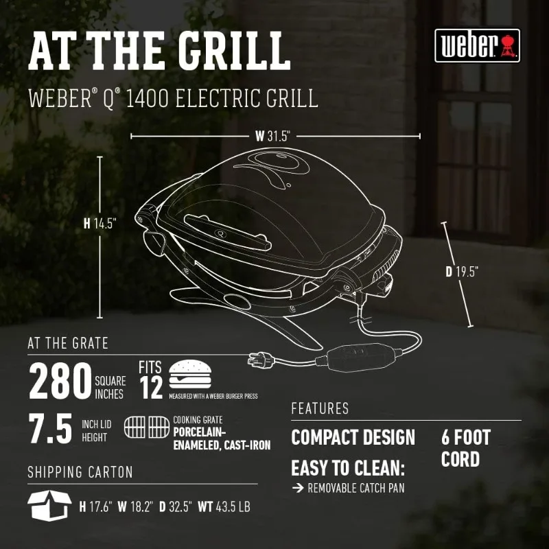 Electric Grill ,Heat Element, Removable Catch Pan, Porcelain-Enameled, Cast-Iron Cooking Grates, Grey 2