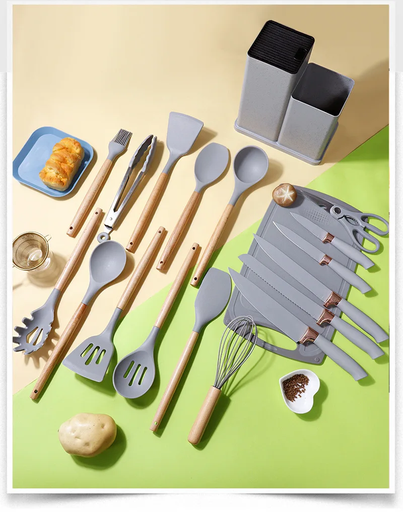 Ensemble d'Ustensiles de Cuisine en Silicone avec Manche en Bois
