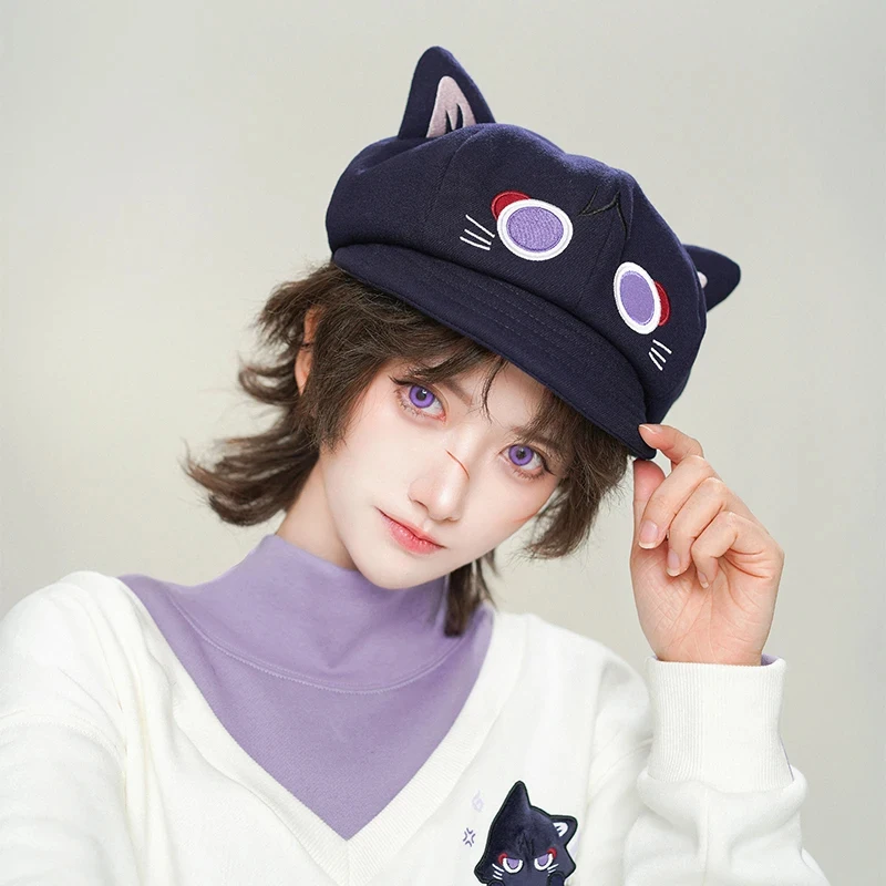 Game Genshin Impact Balladeer Hat Cosplay Kunikuzushi Wanderer Scaramouche Cute Cat Octagonal Cap Beret Cap