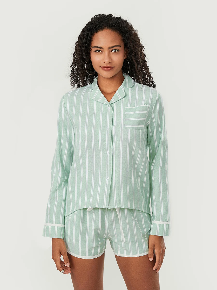 

Пижамный комплект женский из 2 предметов, Топ с длинным рукавом, на пуговицах, в полоску, шорты с кулиской, одежда для сна, S M L