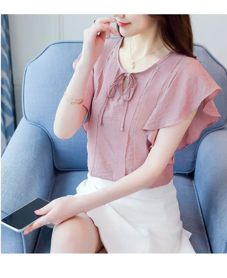 Female O-Neck Bow Lacing Hollow Out Solid Blouse Loose Oversize Flying Sleeve Patchwork Chiffon Shirt Women's Summer Clothing