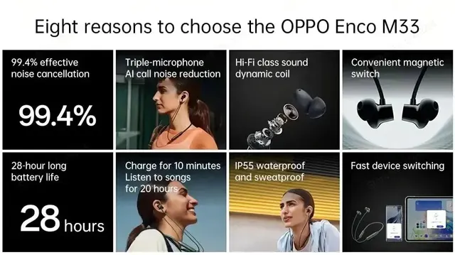 OPPO Enco-auriculares inalámbricos M33 con Bluetooth, cascos deportivos con  batería de larga duración, tres micrófonos, reducción de ruido y llamadas -  AliExpress