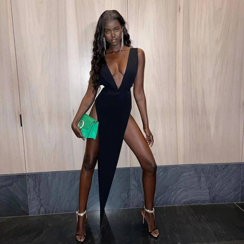 

2024 Winter Air Cotton Big V-neck Sexy Women's Slim Nightclub Dress Evening Dress