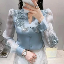  Female Long Sleeve Beaded Flowers Pink Shirts Top Mujer Office Ladies Fashion 2022 Fall New Stylish Loose Beaded Button Up Shirt 