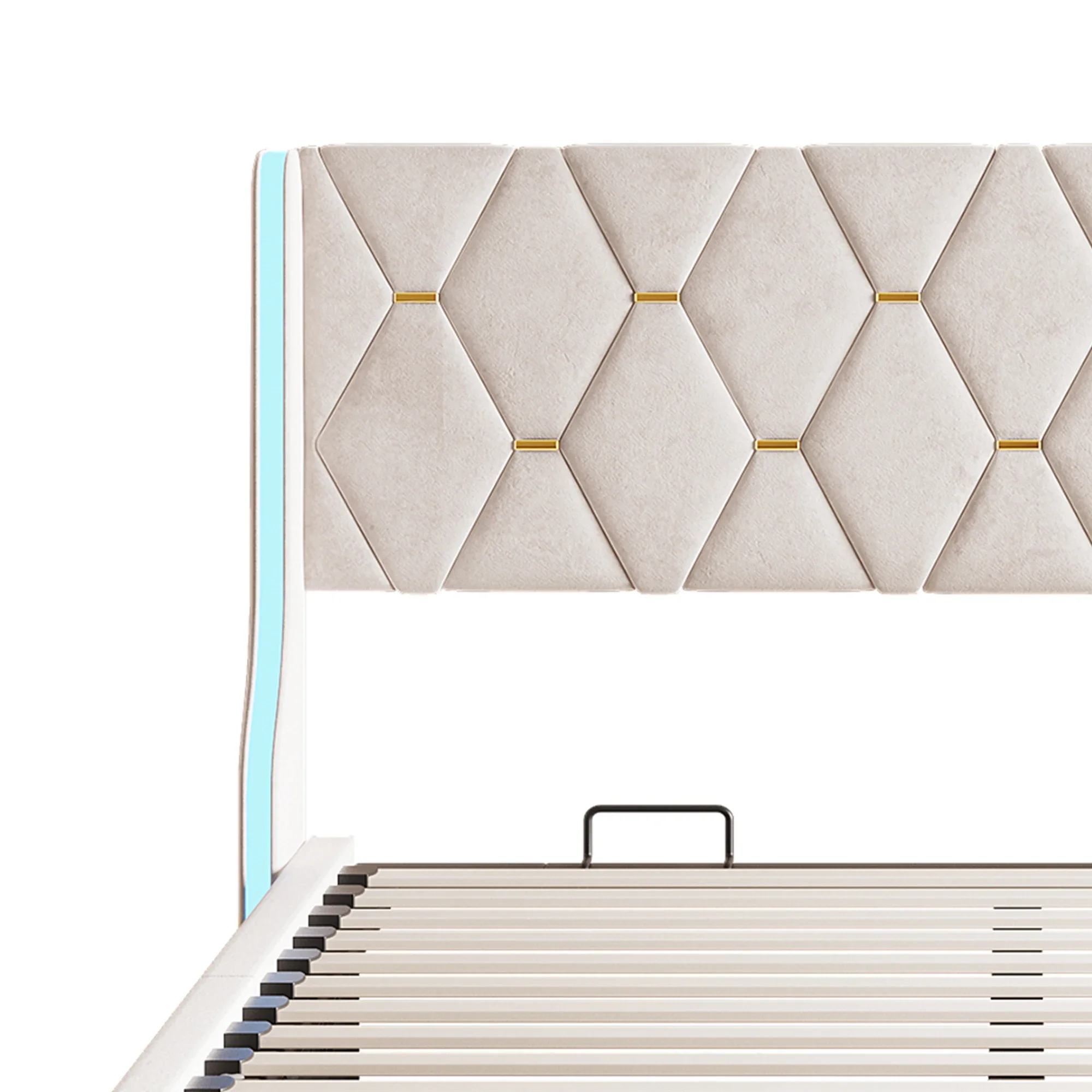 Comanlai Polsterbett, Bettgestell mit LED-Beleuchtung und Hydraulikstange, Doppelbett mit Lattenrost, Ohne Matratze, Beige – Detail 9