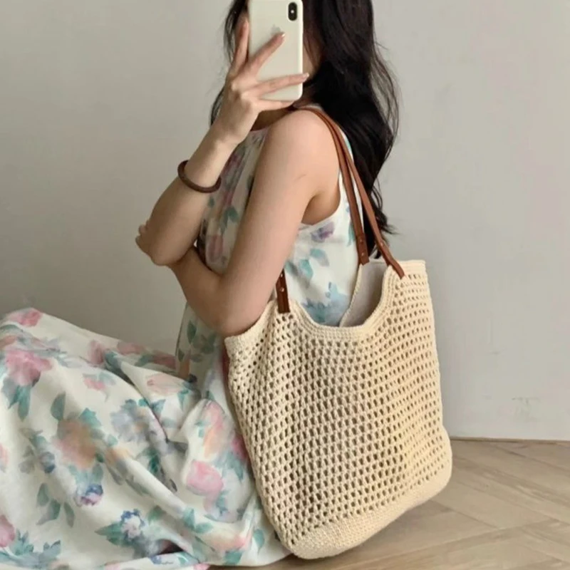 Casual Hollow Out Large Capacity Tote Bag Milk Cotton Weave Women Shoulder Bags Handmade Summer Beach Bag Big Bali Shopper Purse