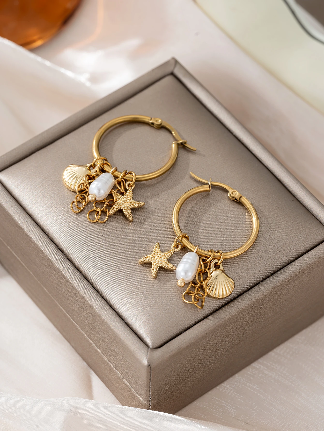 Shell Starfish Texture Charm Womens Earrings