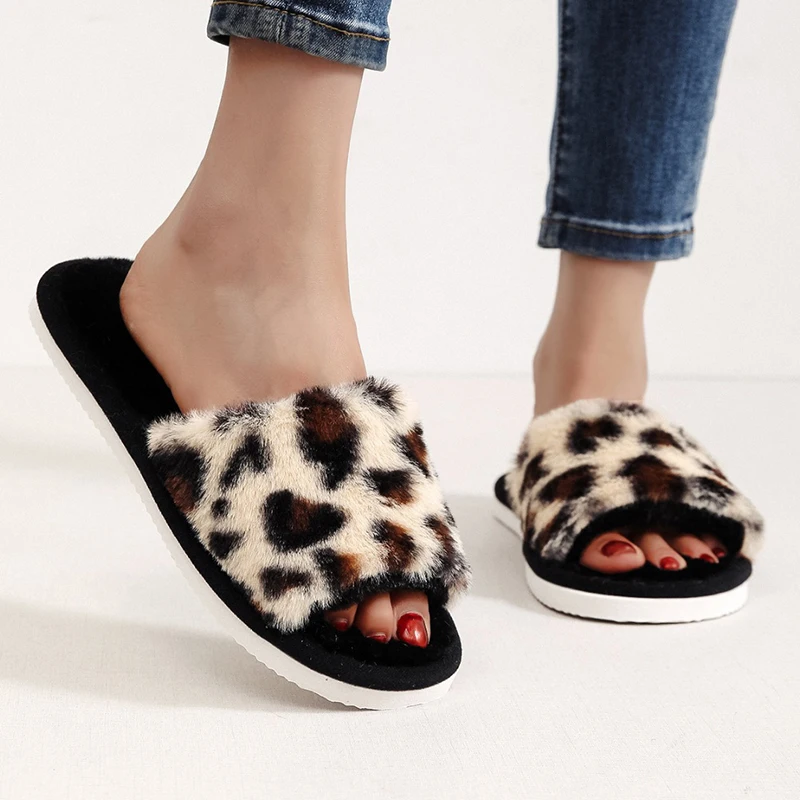 Leopard Print Open Toe House Slippers Women Lightweight Flat Sole Indoor Home Plush Slides Woman Bedroom Warm Cotton Slippers