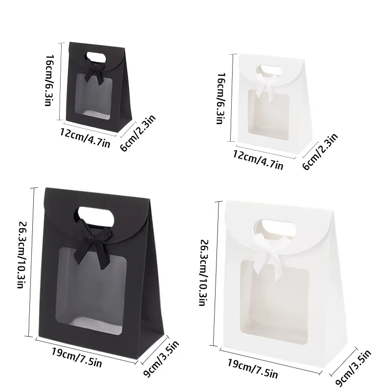12 black and white gift bags with windows, upright small gift bags with bows, for wedding and birthday gift wrapping 5
