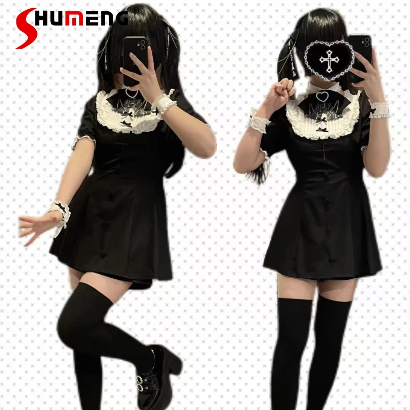 Japanese Mine Sets 2 Pieces Sweet Lace Black White Stitching Short Sleeve Embroidery Shirt and Mass-Produced Slim Waist Shorts