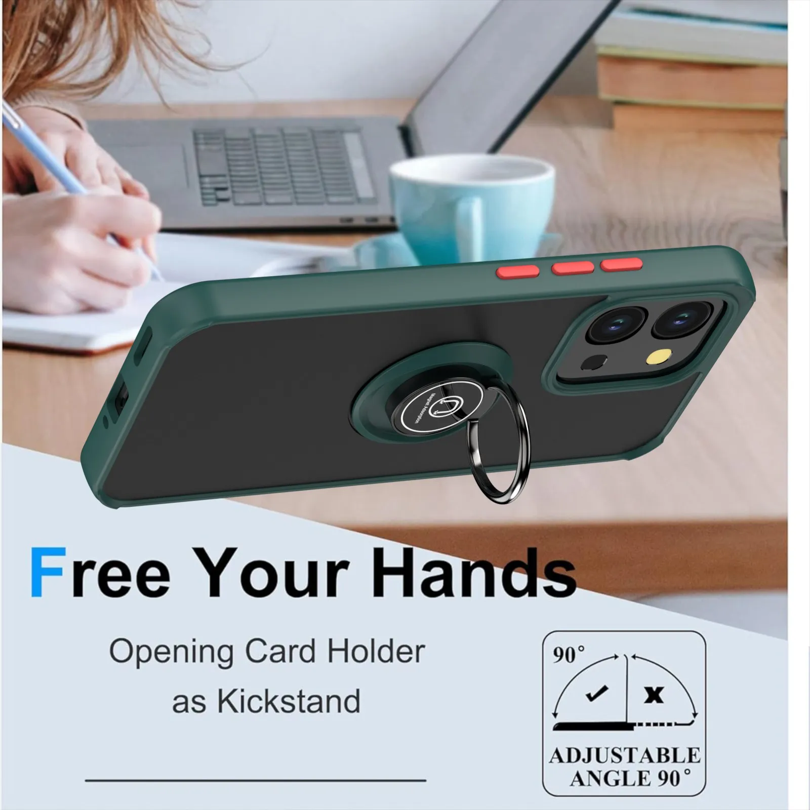Shockproof Silicone Bumper with Metal Ring Holder - Matte Back Hard Phone Case
