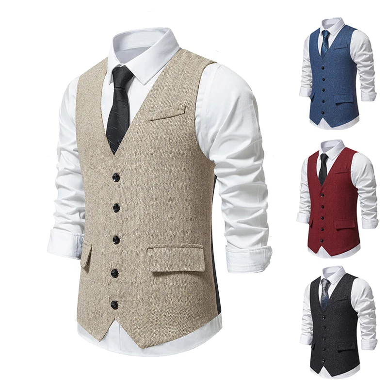 

Fashion Retro Mens Suit Waistcoat Solid Color Single-Breasted Slim Fit Formal Business Mens Denim Vest