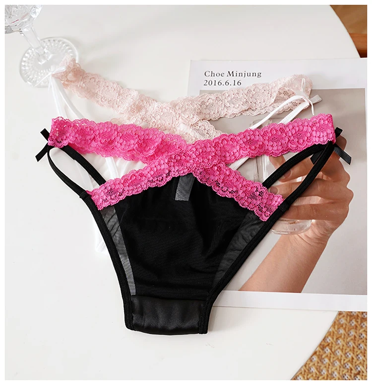 Meet'r Sexy verführerische Unterwäsche, Höschen, Dessous, französische Satin-Spitze, Eisseide, transparenter Strick, niedrige Taille, Dreiecks-Slip für Damen – Detail 10