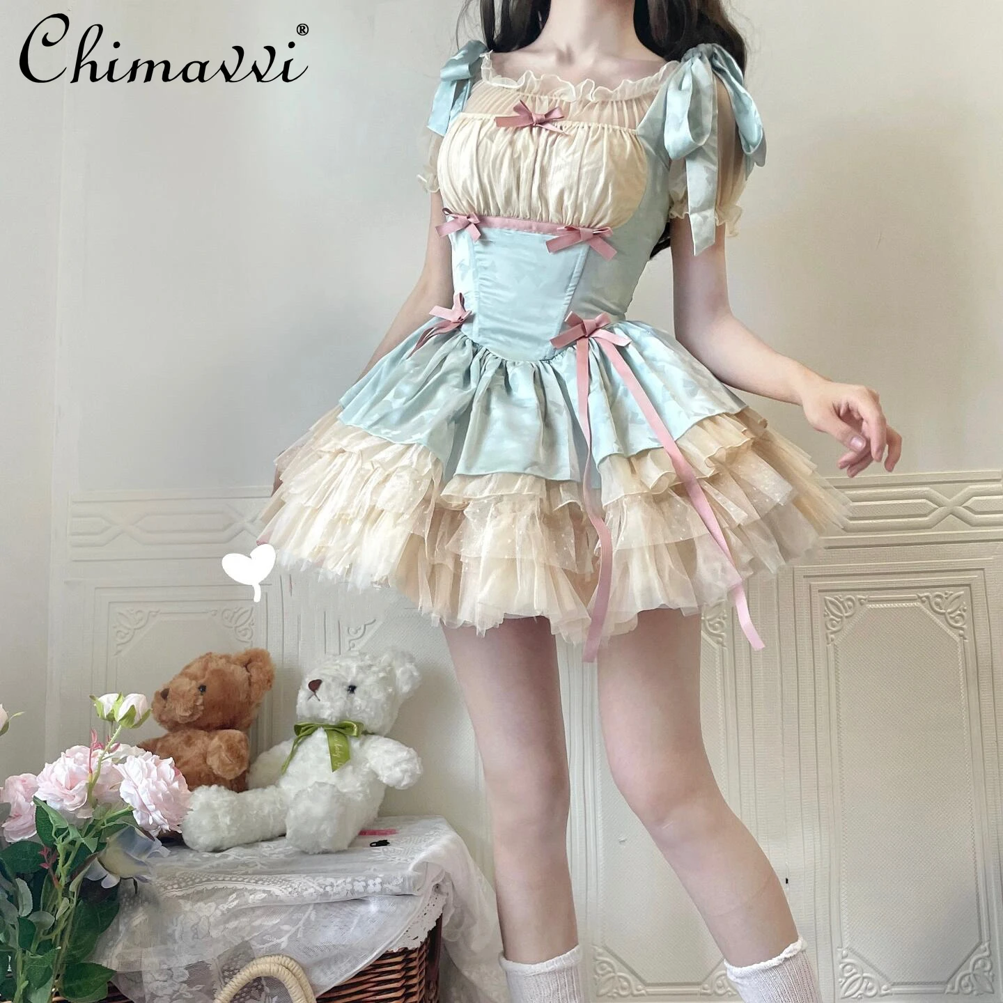 

Ribbon Lolita Sweet Cute Suspender Dress 2024 Summer New Fashion High Waist Slimming Girly Style Short Elegant Women's Dress