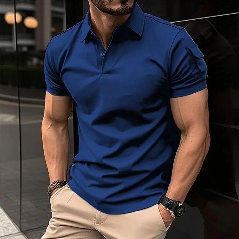 thumbnail image 1 of Camisetas tipo polo azules para hombre, para gimnasio, con cuello, lisas, sin logotipo, para hombre, ropa de moda para hombre, cómoda y normal, 1 of 5