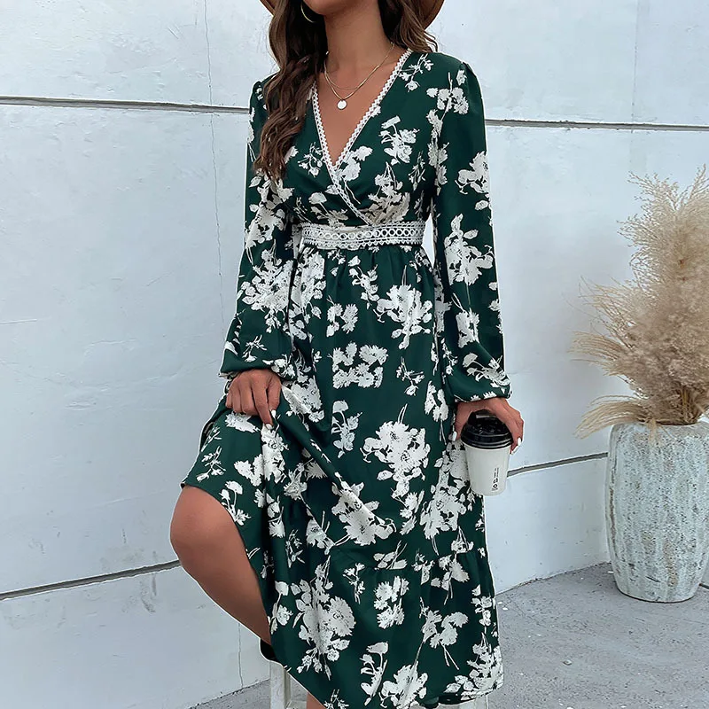 

Polyester Printed V-neck Dress For Women Robe Longue Femme