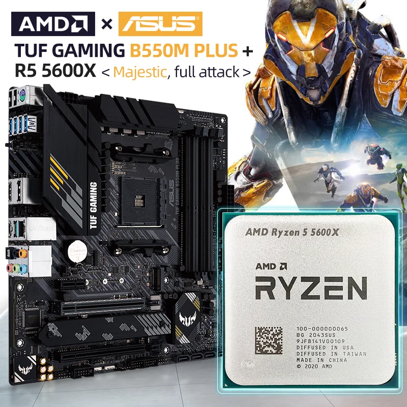 Processore Cpu Amd Ryzen 5 5600X + Asus Nuova Scheda Madre Tuf Gaming B550M Plus Ddr4 128G Micro-Atx Amd B550 4400 Mhz Am4 Placa Mae