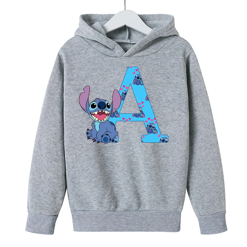 

Children Hoodies Stitch Letter Kawaii Fashion Pullover Sweatshirt Anime Manga Cartoons Girls Boy Kids Casual Clothes Tops grey