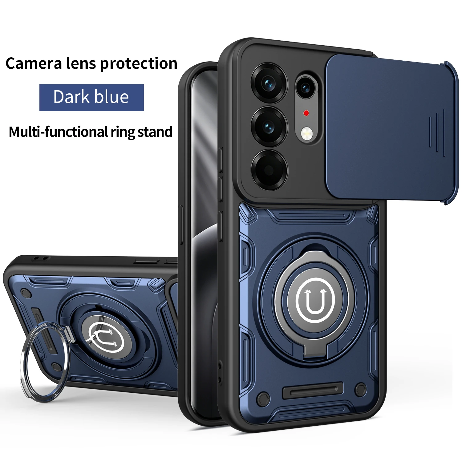 Enhanced Shockproof Armor Case with Slide Camera Lens Protection and Metal Ring Holder