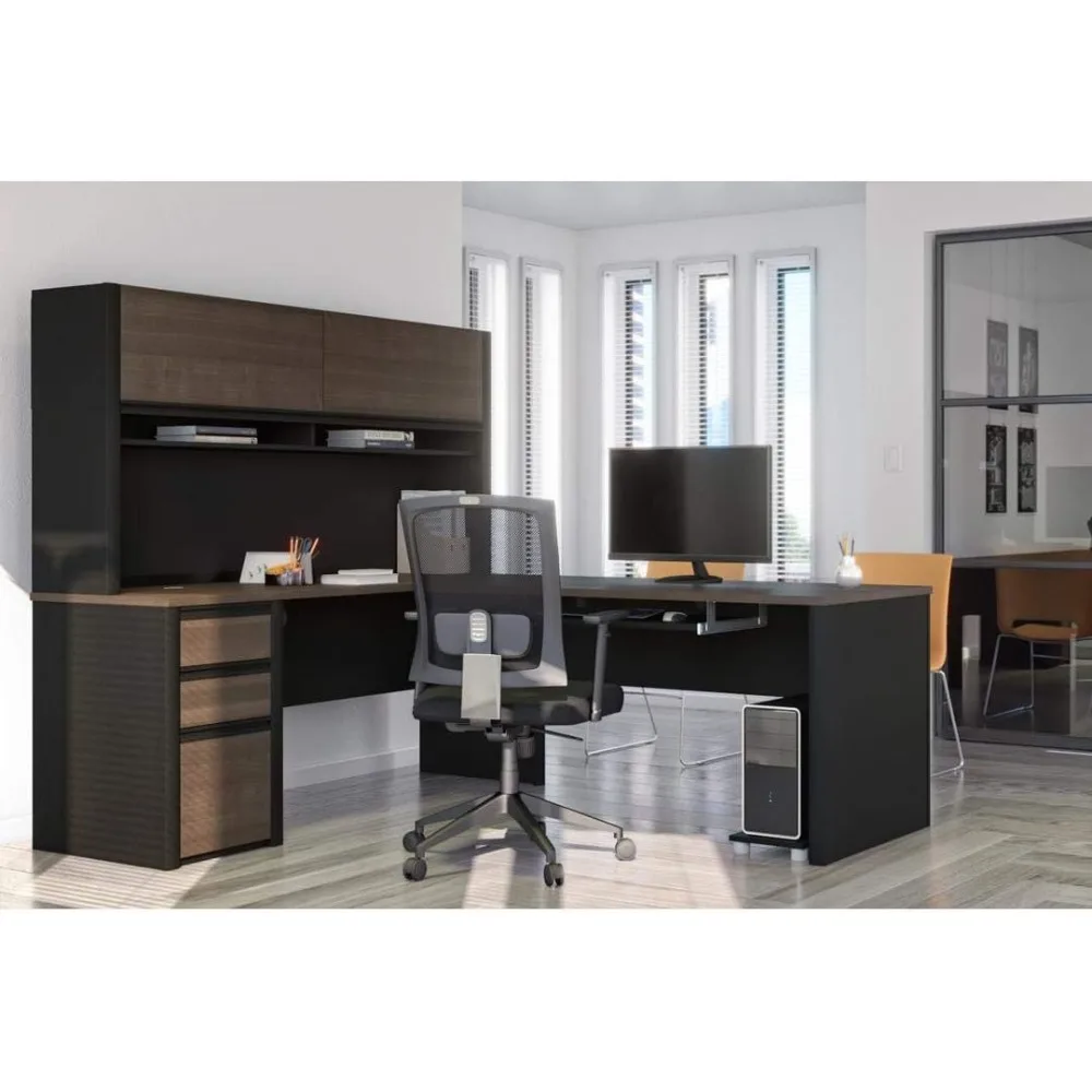 Connexion 72W L-Shaped Desk with Hutch and Pedestal in Antigua & Black 2