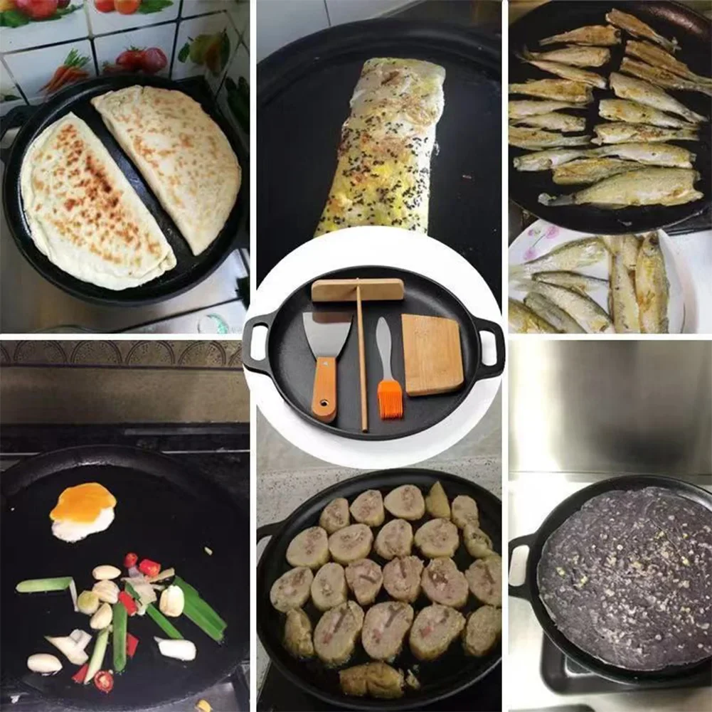 Camping Cookware Camping Cookware Set BBQ Grill Pan 30cm Cast Iron Skillet Pan Round Crepes Pizza Pan with Dual Handles Griddle For BBQ Camping Chicken Cooking Flat Pot Steak Pork