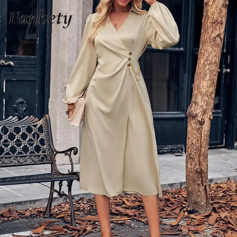 

Fashion V-Neck Slim Temperament Long Dress Elegant French Commuter Button Dress Women Solid Color Long-Sleeved Versatile Dress