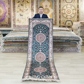 2.5'x8' Entrance Handmade Silk Carpets Blue Runners Hallway Long Rugs (YHW318AB)